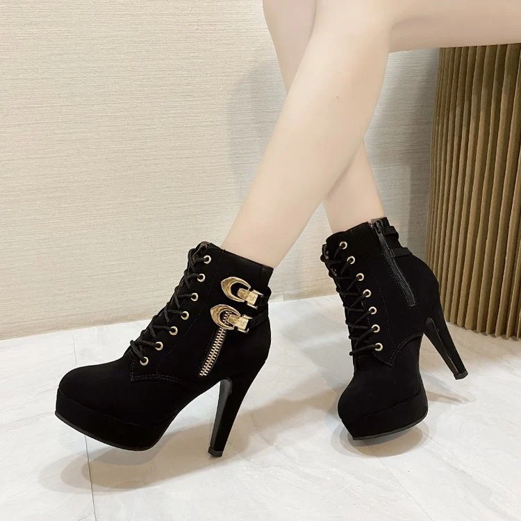 Damen Fashionable High-Heel Stiefeletten mit Dekorativen Schnallen und Reißverschluss Heidi Mode - Image 3