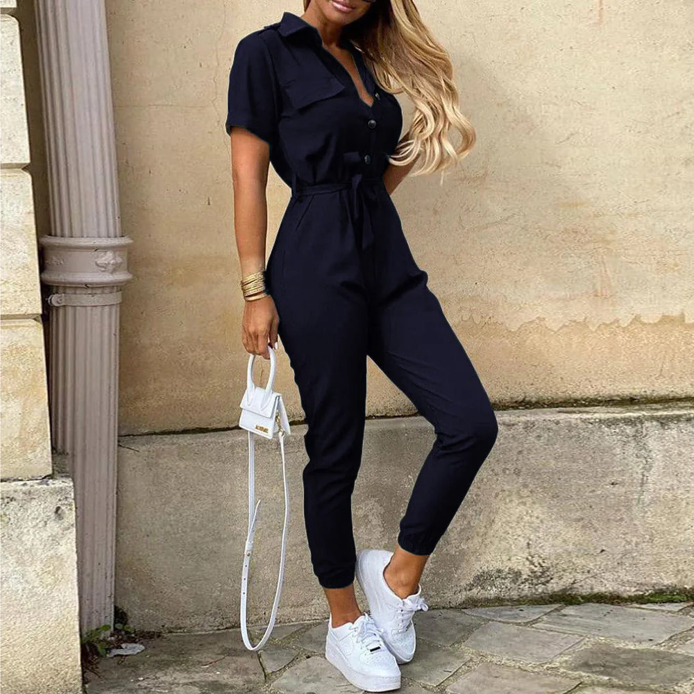 Damen Figurbetonter Kurzoverall mit Knopfleiste und Taillierbarem Gürtel Heidi-Mode - Image 10