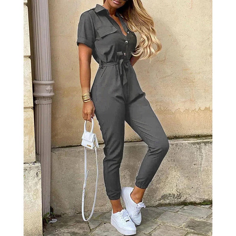 Damen Figurbetonter Kurzoverall mit Knopfleiste und Taillierbarem Gürtel Heidi-Mode - Image 15