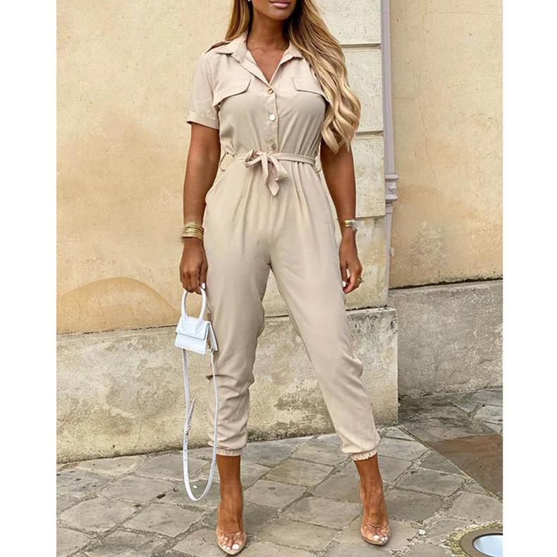 Damen Figurbetonter Kurzoverall mit Knopfleiste und Taillierbarem Gürtel Heidi-Mode - Image 2