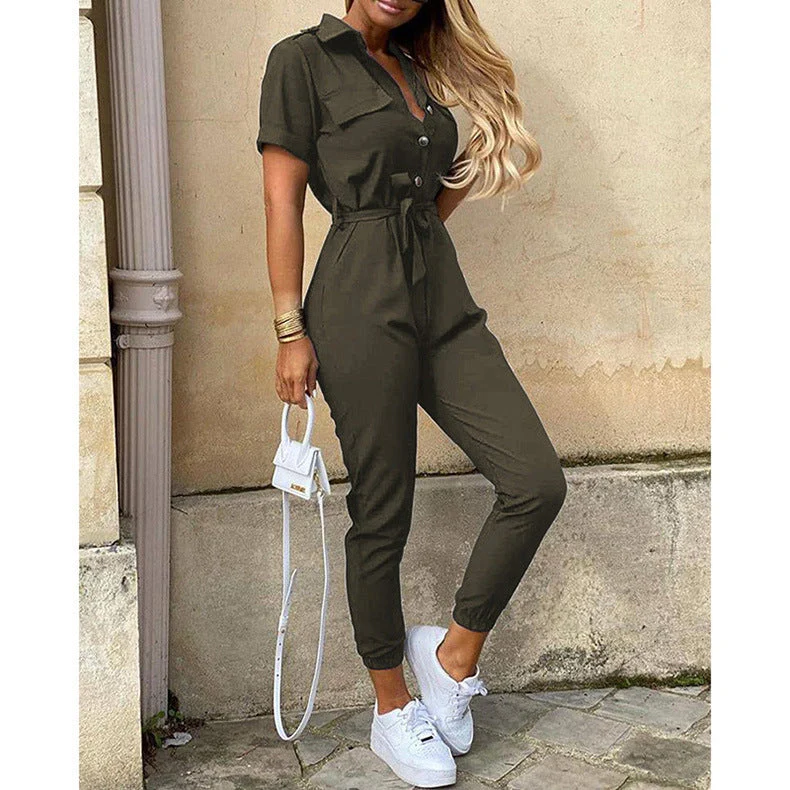 Damen Figurbetonter Kurzoverall mit Knopfleiste und Taillierbarem Gürtel Heidi-Mode - Image 4