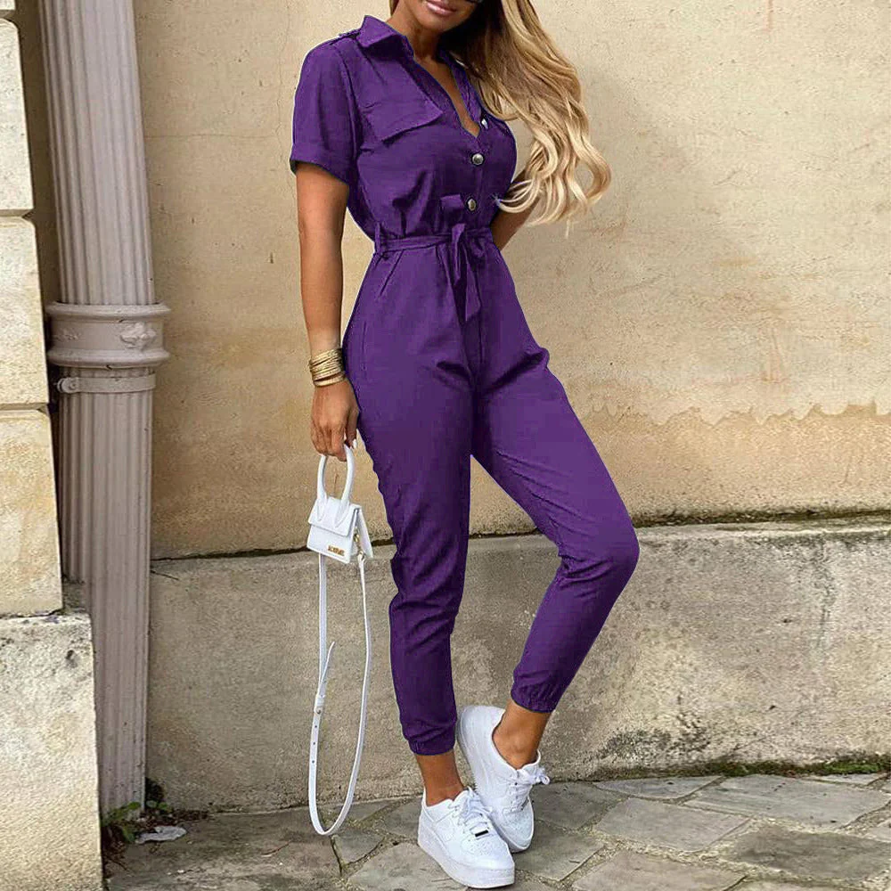 Damen Figurbetonter Kurzoverall mit Knopfleiste und Taillierbarem Gürtel Heidi-Mode - Image 6