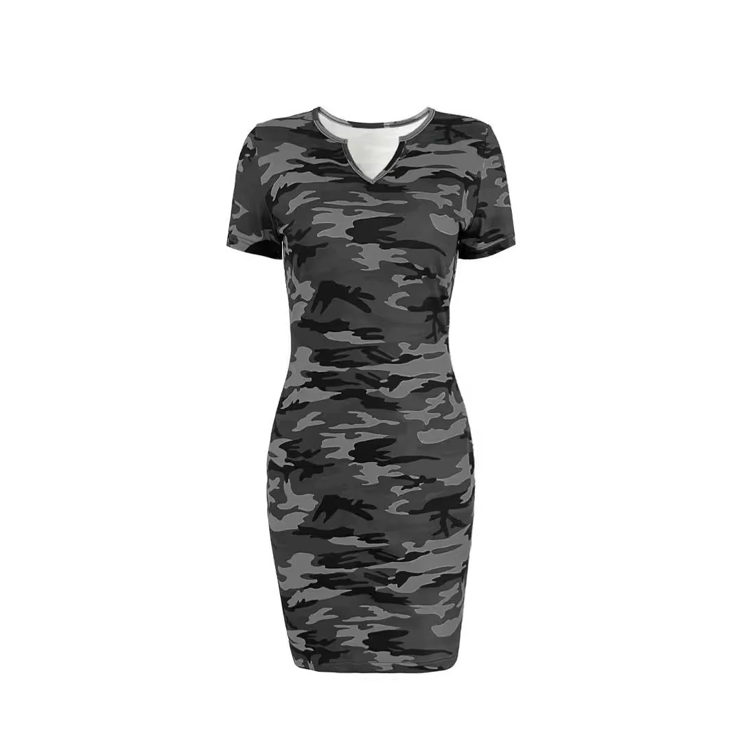 Damen Figurbetontes Camouflagemuster Kleid mit Kurzarm und V-Ausschnitt Heidi-Mode - Image 5