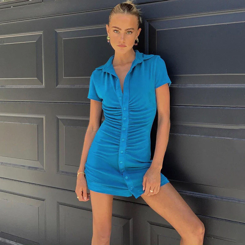 Damen figurbetontes Kurzarm-Kleid mit vertikalem Raffungseffekt und modischen Knopfdetails Heidi-Mode - Image 10