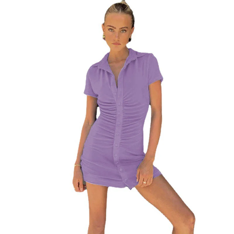 Damen figurbetontes Kurzarm-Kleid mit vertikalem Raffungseffekt und modischen Knopfdetails Heidi-Mode - Image 6