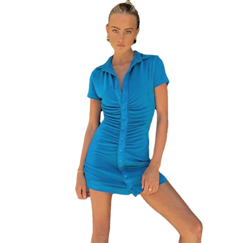 Damen figurbetontes Kurzarm-Kleid mit vertikalem Raffungseffekt und modischen Knopfdetails Heidi-Mode - Image 7