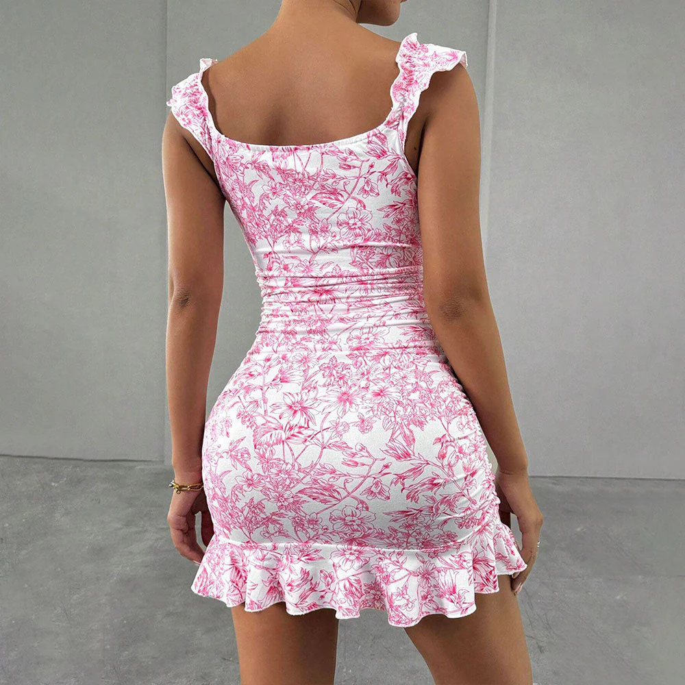 Damen Figurbetontes Minikleid mit Raffiniertem Blumenmuster und Elastischem Rüschensaum Heidi-Mode - Image 2