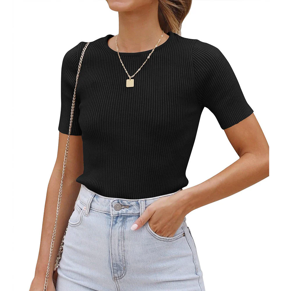 Damen Figurbetontes T-Shirt mit Feiner Rippstruktur und Rundhalsausschnitt Heidi-Mode - Image 6