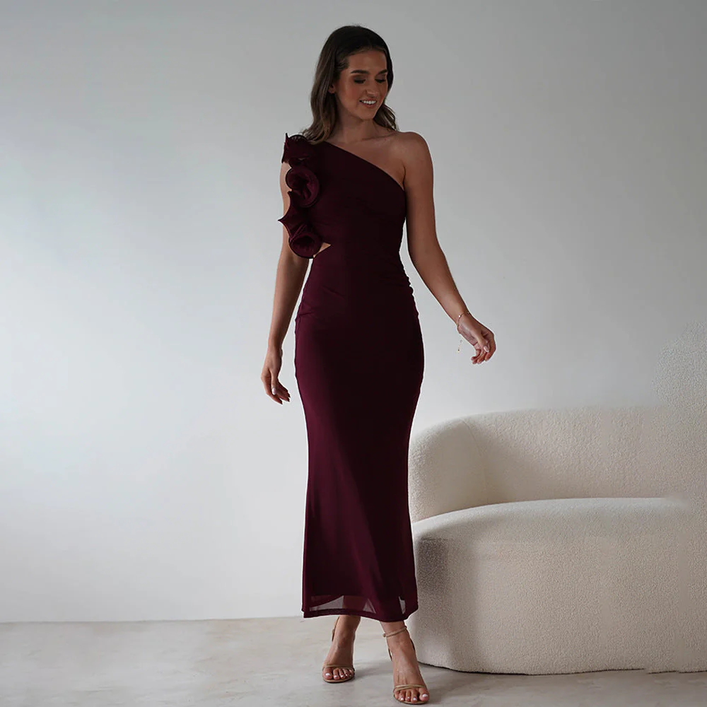 Damen Figurschmeichelndes Midi-Kleid mit Asymmetrischem Ausschnitt und Rüschendetails Heidi-Mode - Image 4
