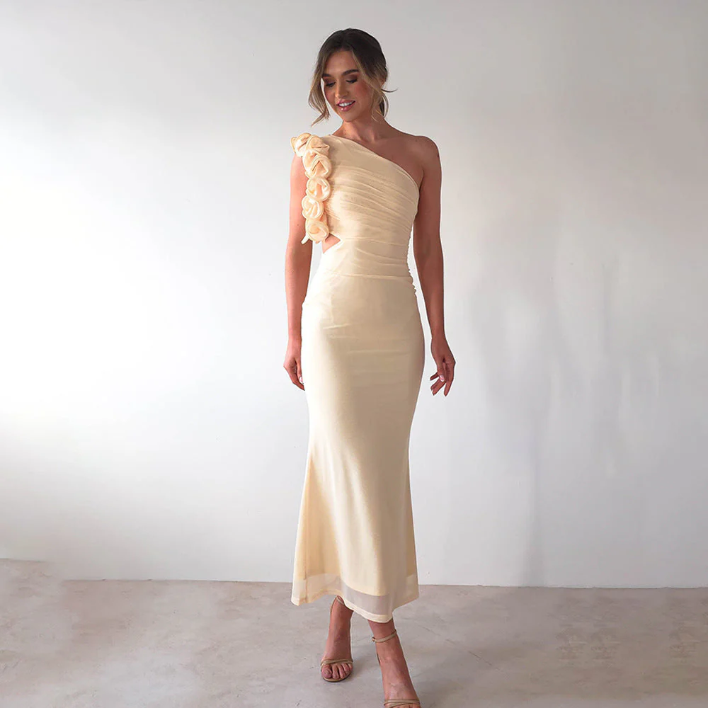 Damen Figurschmeichelndes Midi-Kleid mit Asymmetrischem Ausschnitt und Rüschendetails Heidi-Mode - Image 6