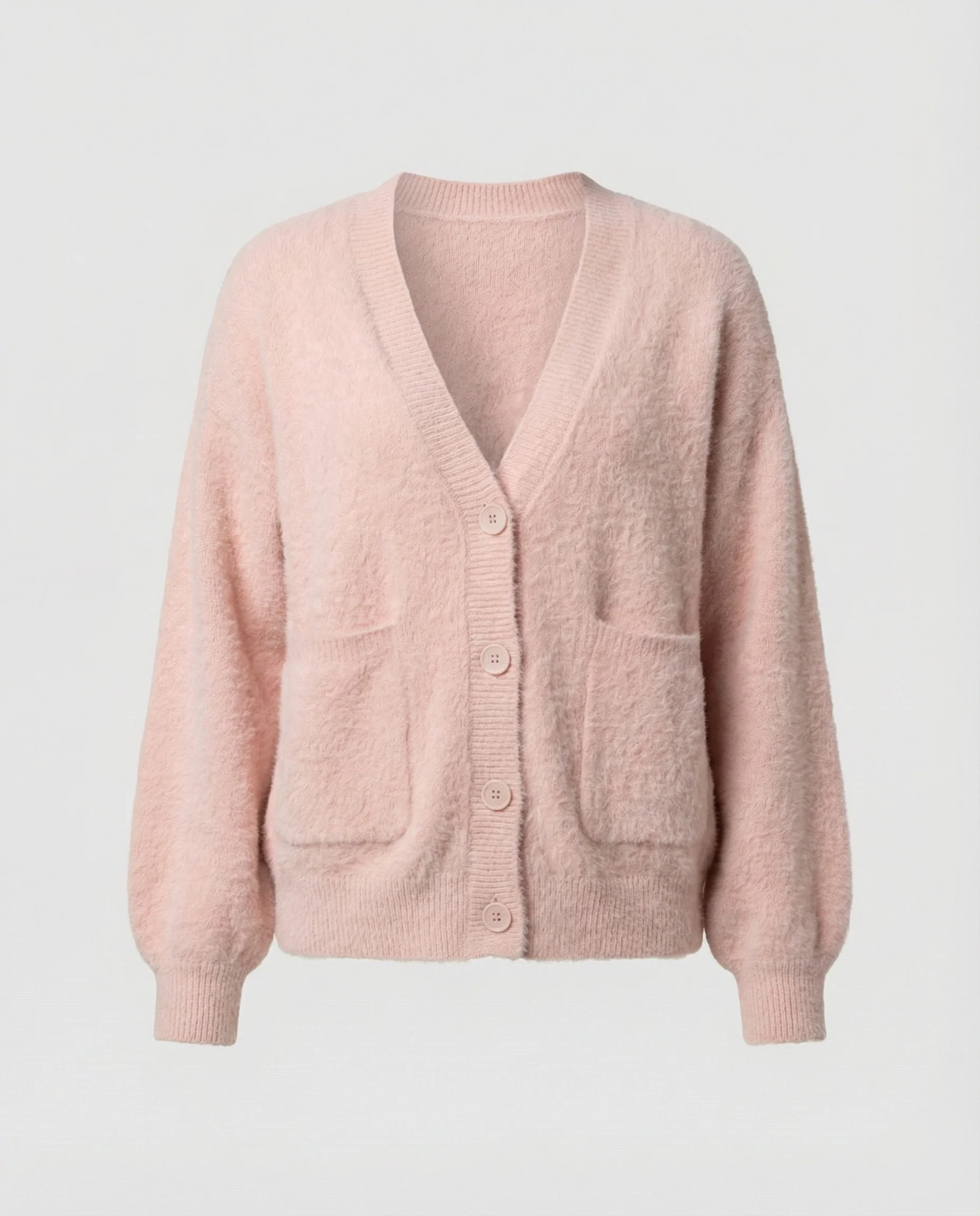 Damen flauschiger Oversize-Cardigan mit V-Ausschnitt, großer Knopfleiste, aufgesetzten Taschen und Ballonärmeln Heidi-Mode - Image 5
