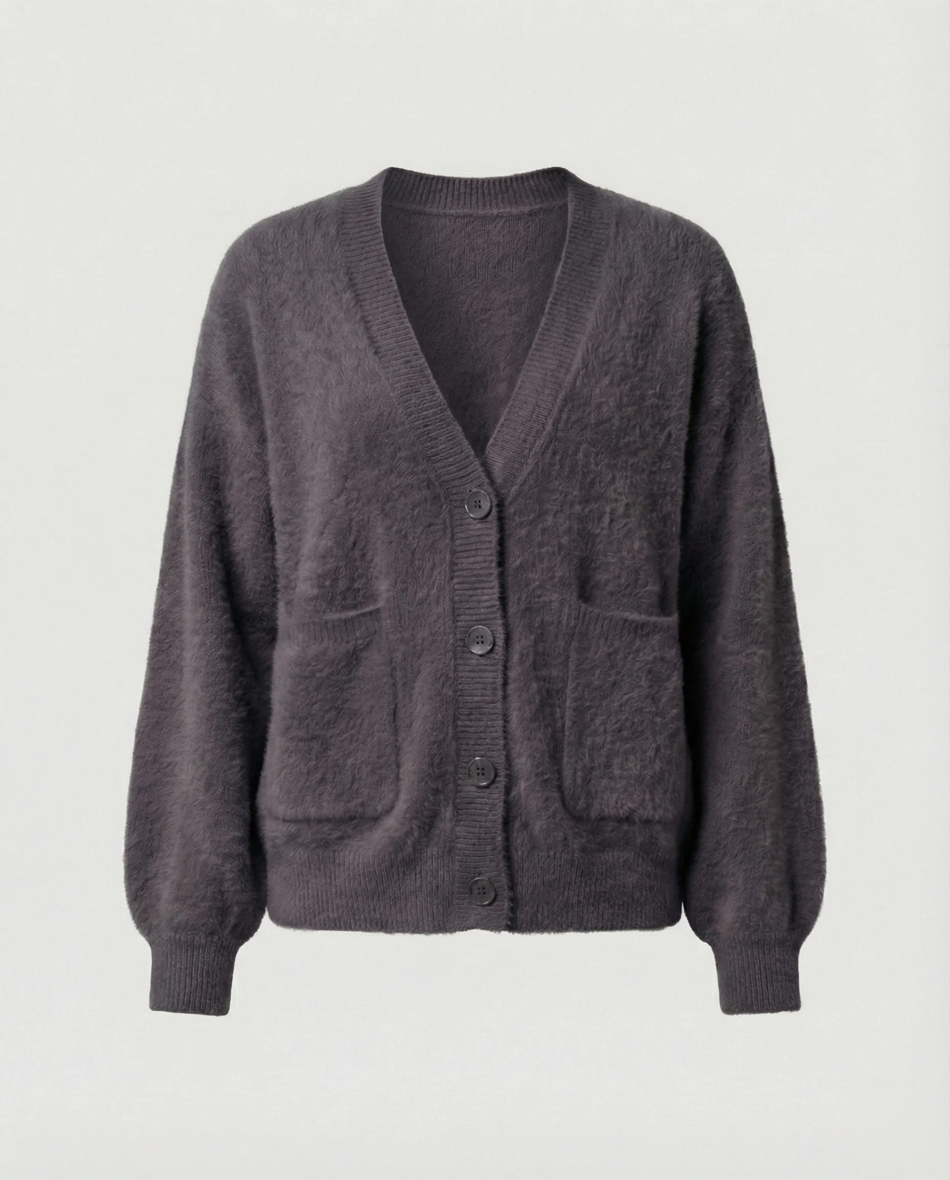 Damen flauschiger Oversize-Cardigan mit V-Ausschnitt, großer Knopfleiste, aufgesetzten Taschen und Ballonärmeln Heidi-Mode - Image 7