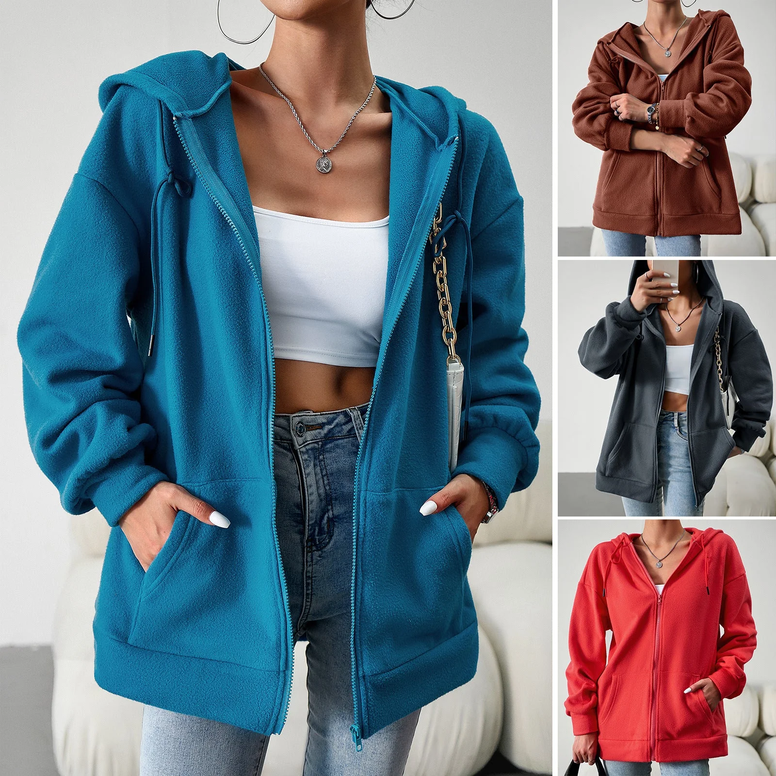 Damen Fleecejacke mit Praktischen Taschen und Verstellbarem Kapuzenzug Heidi-Mode