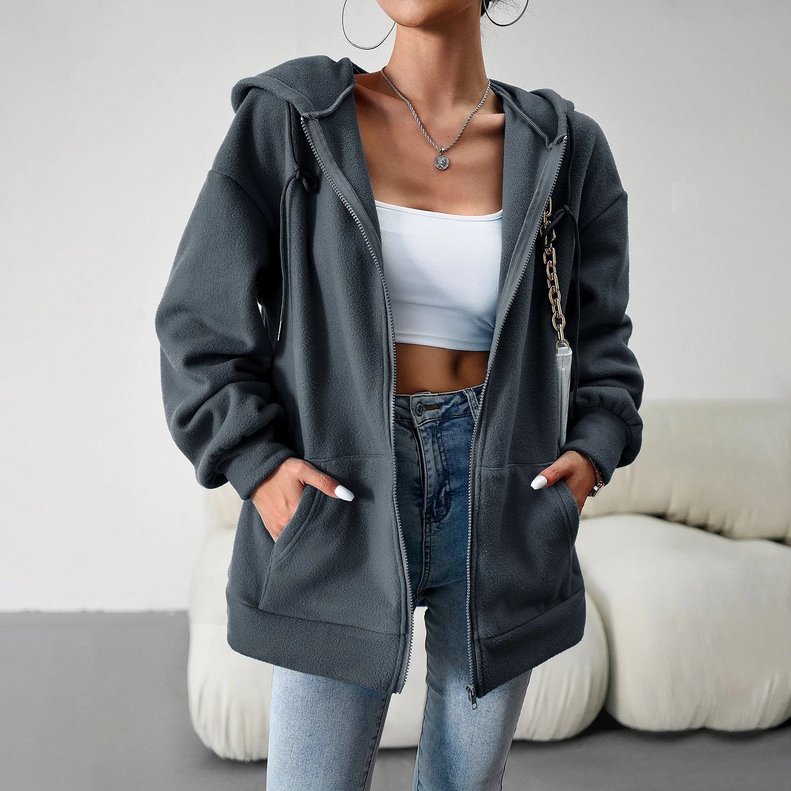 Damen Fleecejacke mit Praktischen Taschen und Verstellbarem Kapuzenzug Heidi-Mode - Image 4