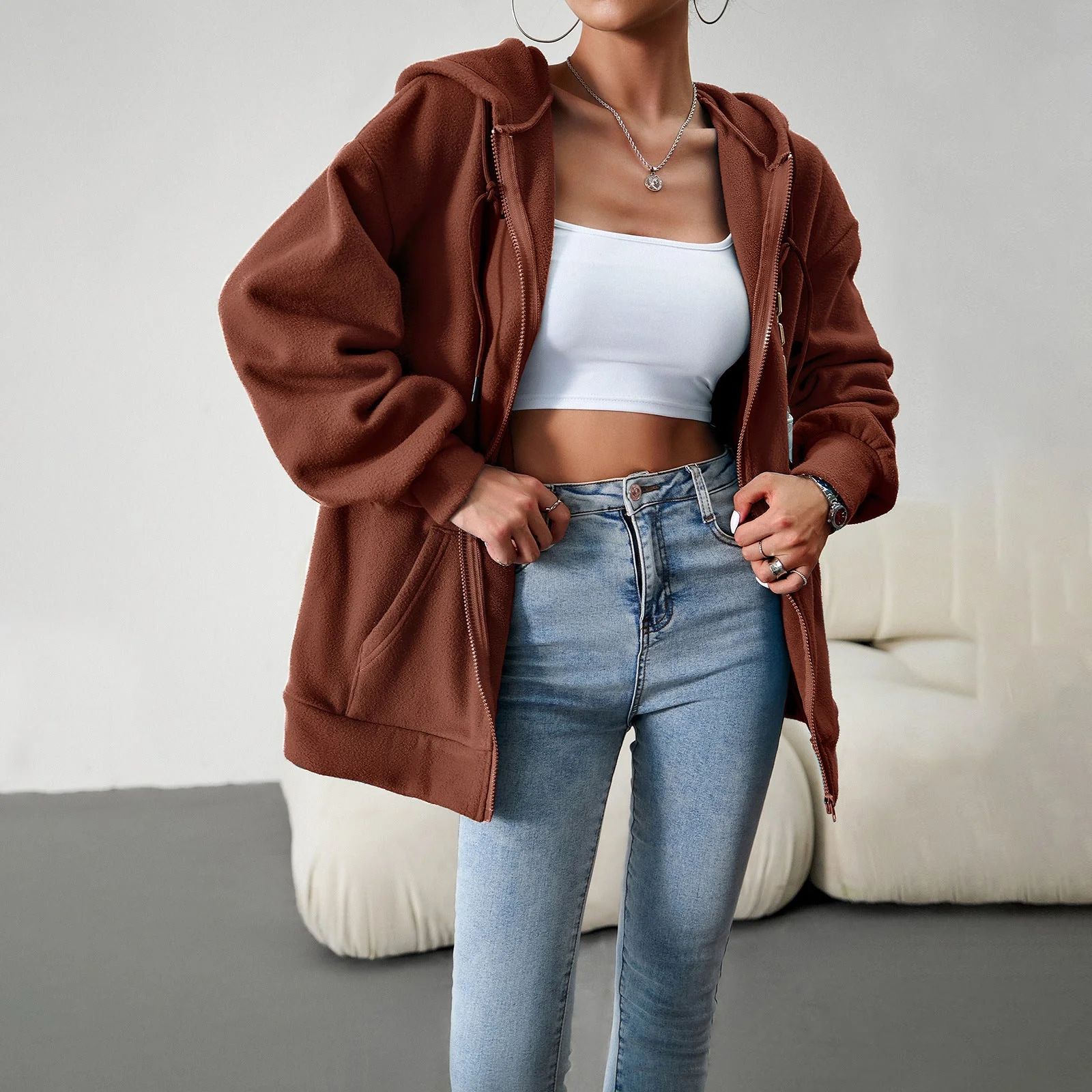 Damen Fleecejacke mit Praktischen Taschen und Verstellbarem Kapuzenzug Heidi-Mode - Image 6