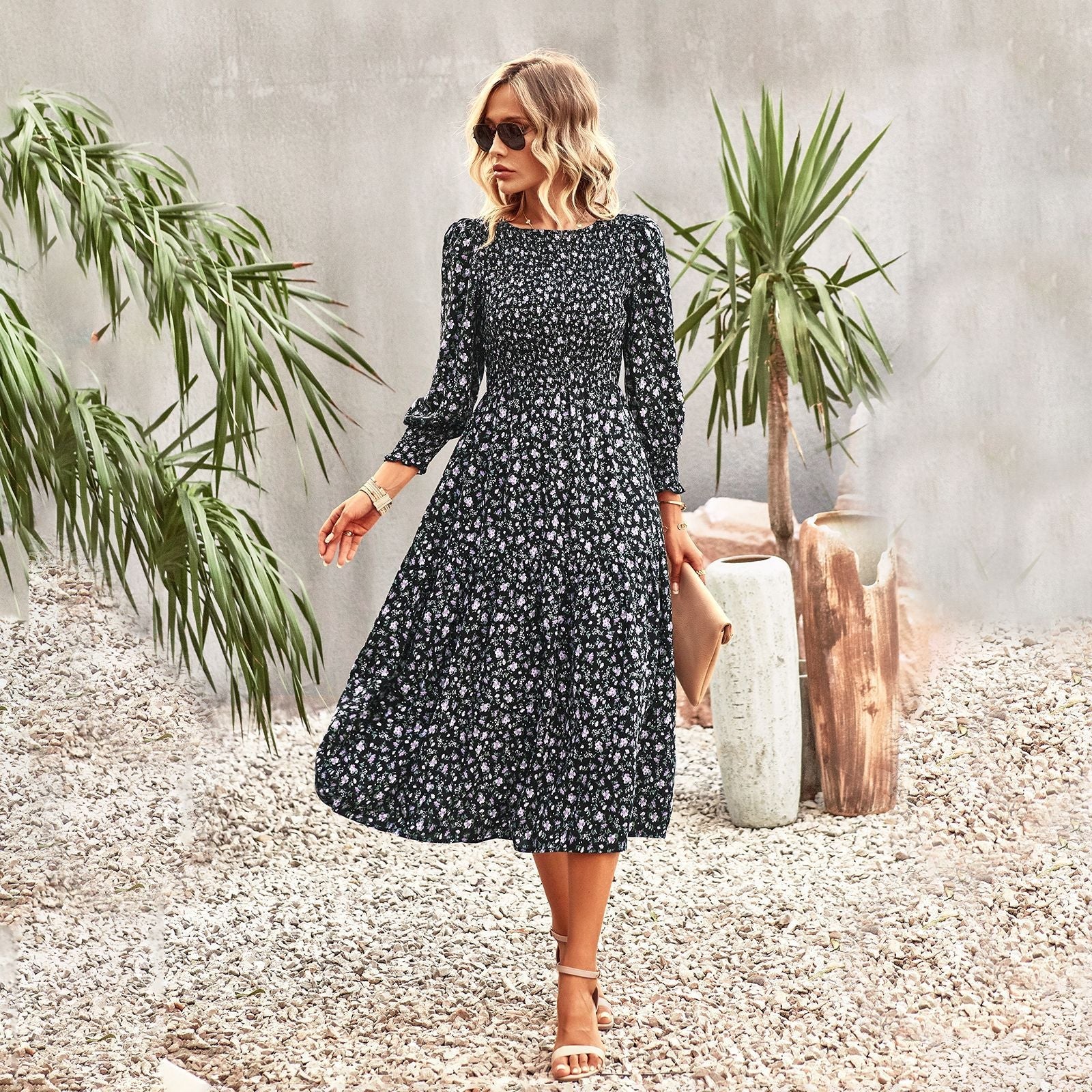 Damen Florales Midi-Kleid mit Geraffter Taille und Langen Ärmeln Heidi-Mode - Image 4