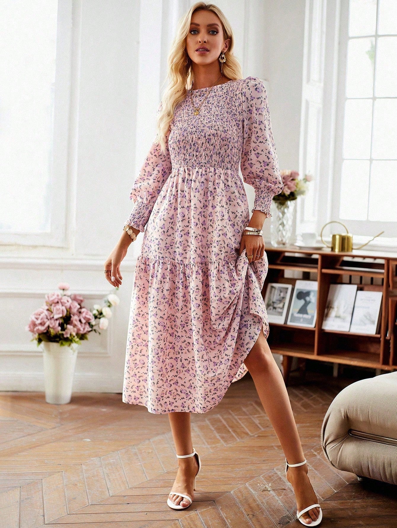 Damen Florales Midi-Kleid mit Geraffter Taille und Langen Ärmeln Heidi-Mode - Image 6