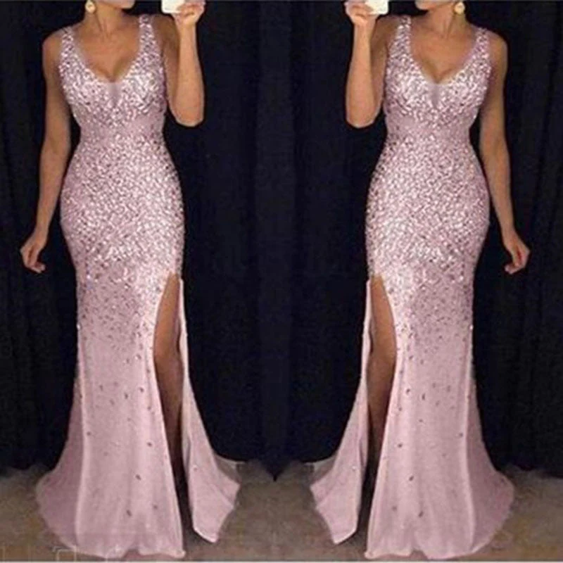 Damen Funkelndes Abendkleid mit Tiefem V-Ausschnitt und Seitlichem Schlitz Heidi-Mode - Image 3