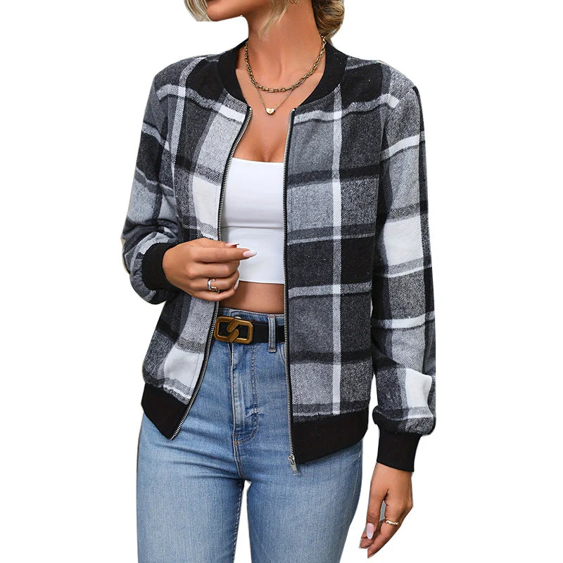Damen Gefütterte Karojacke mit Durchgehendem Reißverschluss und Elastischen Bündchen Heidi-Mode - Image 5