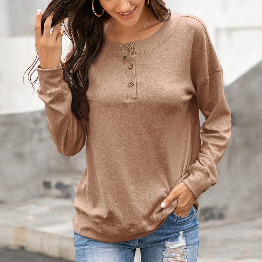 Damen gemütliches Langarm-Henley-Shirt mit Knopfleiste und tiefem Rundhalsausschnitt Heidi-Mode - Image 5