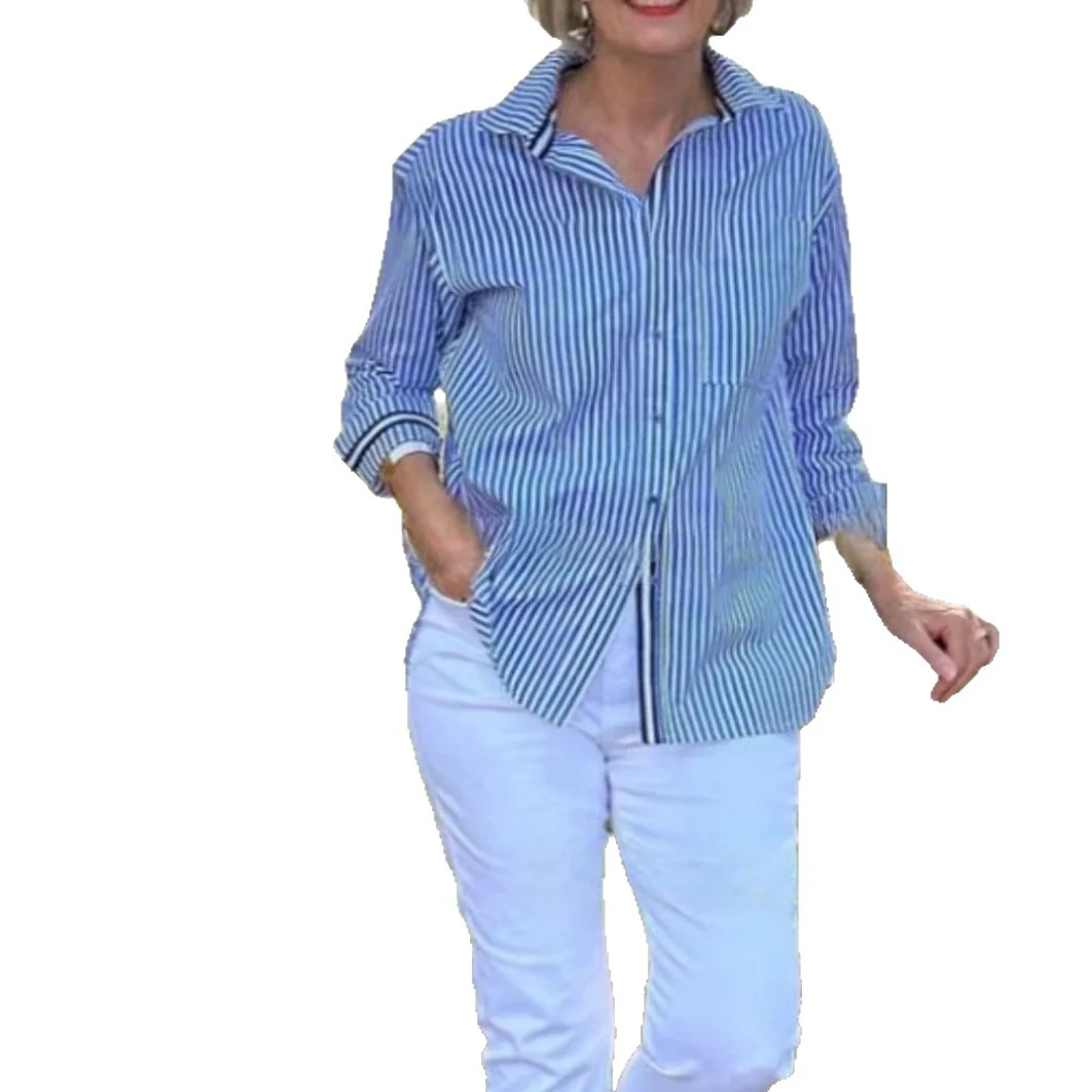 Damen gestreifte Langarmbluse mit versteckter Knopfleiste und weitem Schnitt Heidi-Mode - Image 5