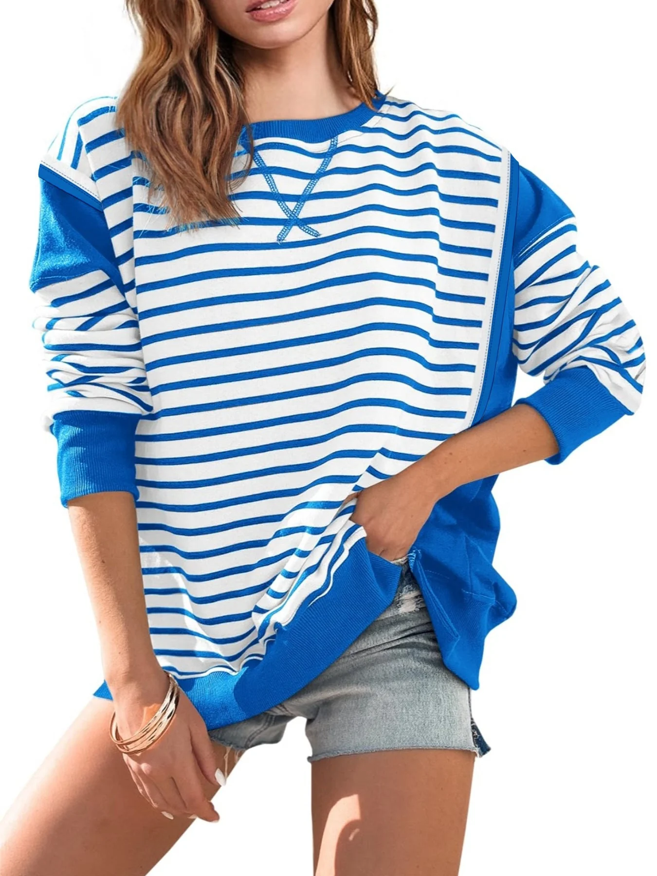 Damen Gestreifter Sweatshirt mit Übergroßem Schnitt Heidi-Mode - Image 13