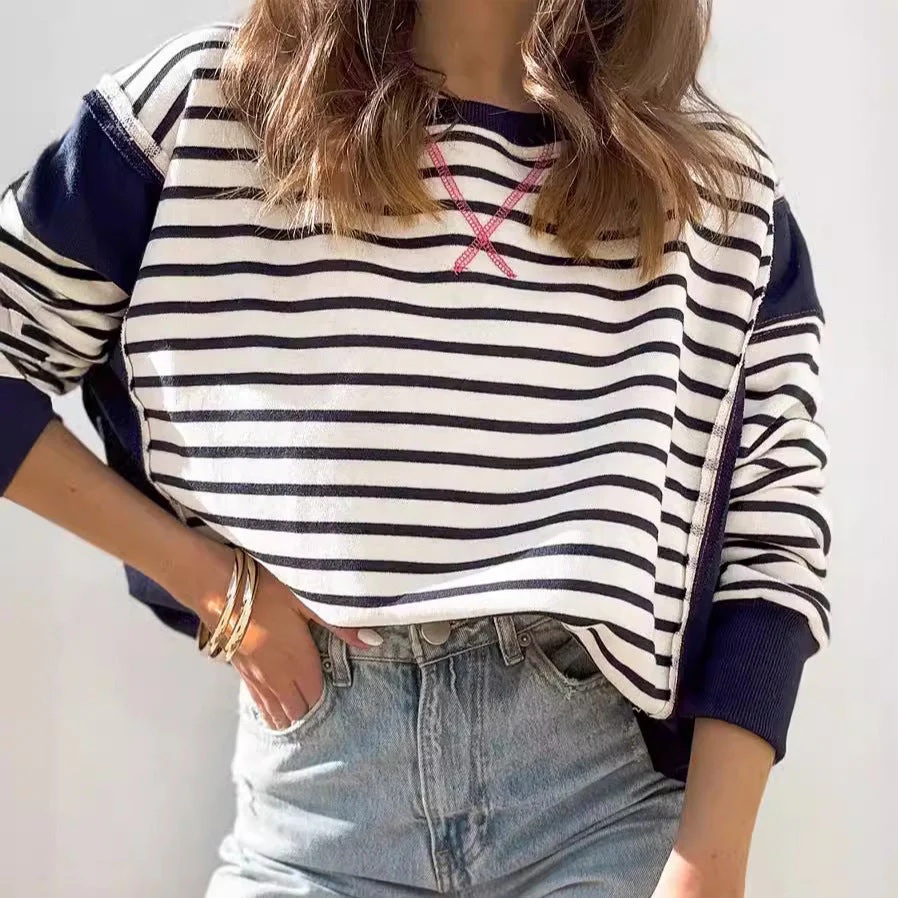 Damen Gestreifter Sweatshirt mit Übergroßem Schnitt Heidi-Mode - Image 3
