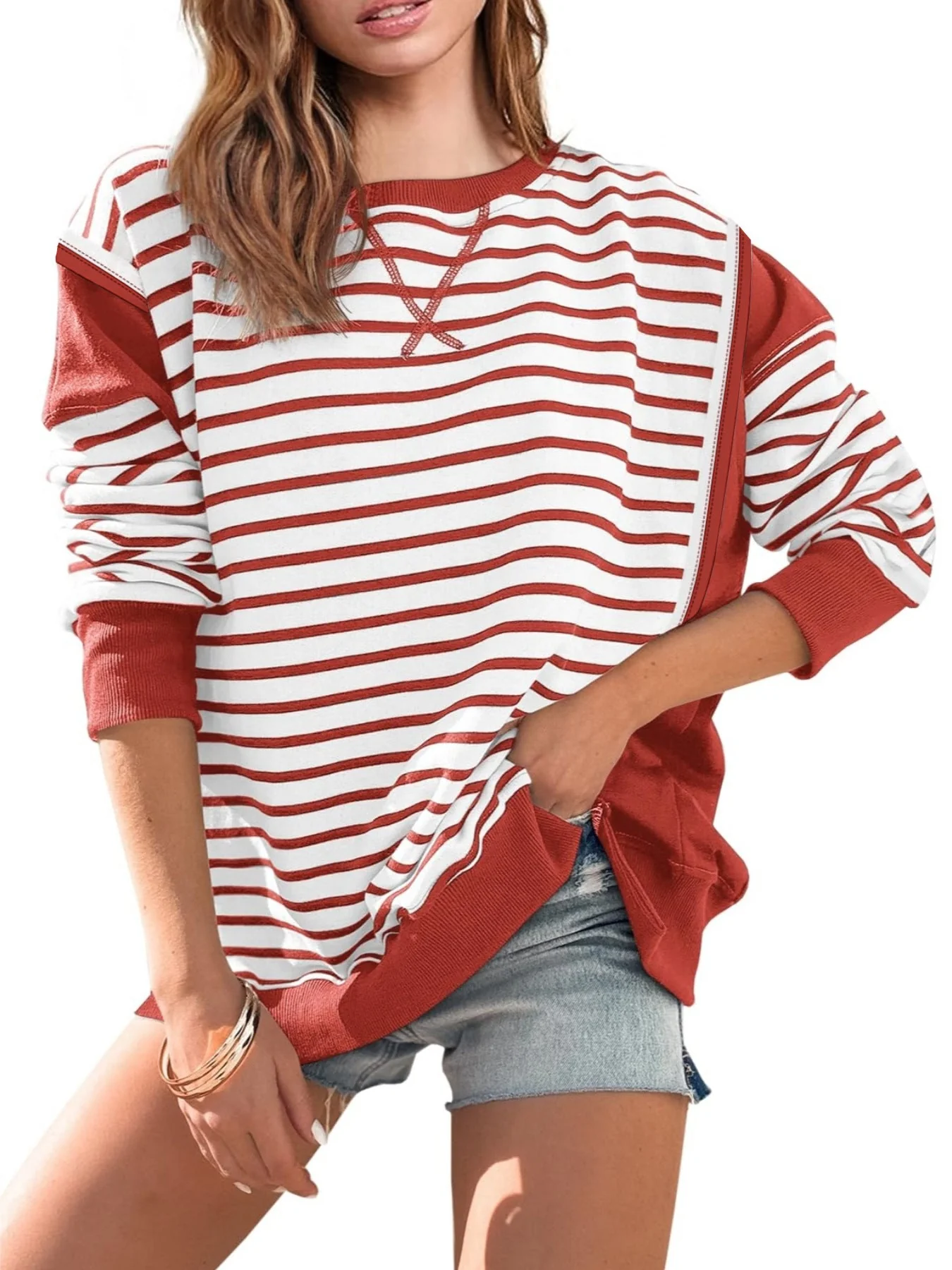 Damen Gestreifter Sweatshirt mit Übergroßem Schnitt Heidi-Mode - Image 9