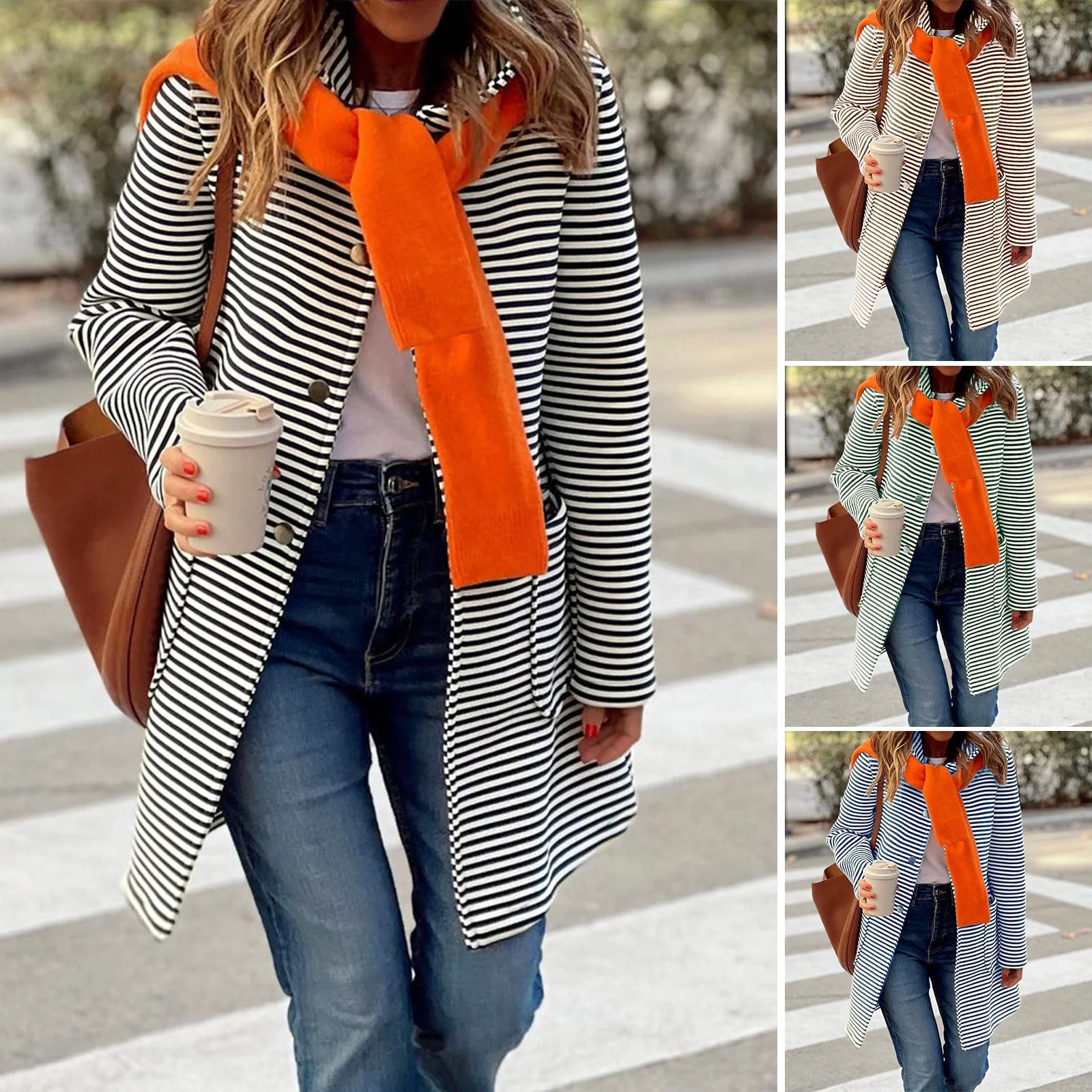 Damen Gestreifter Trenchcoat mit Modischem Schal und Hoher Funktionalität Heidi-Mode - Image 2