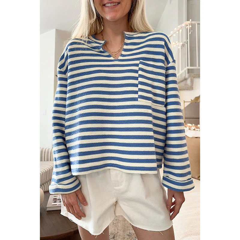 Damen Gestreiftes Sweatshirt mit V-Ausschnitt und Brusttasche Heidi-Mode