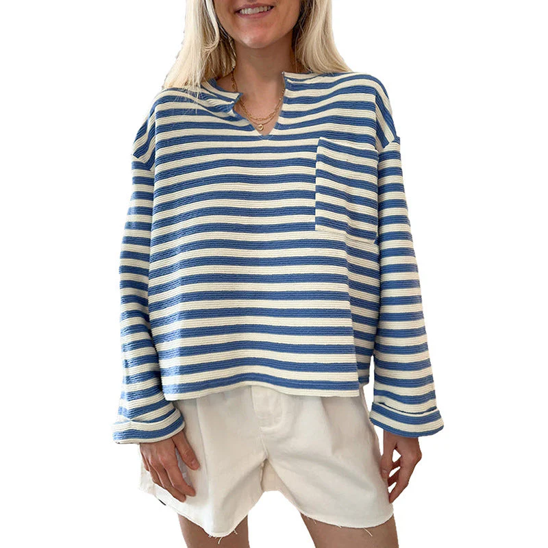 Damen Gestreiftes Sweatshirt mit V-Ausschnitt und Brusttasche Heidi-Mode - Image 6