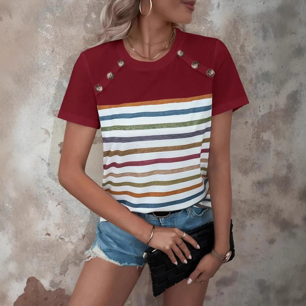 Damen Gestreiftes T-Shirt mit Modischen Knopfdetails und Rundhalsausschnitt Heidi-Mode - Image 2