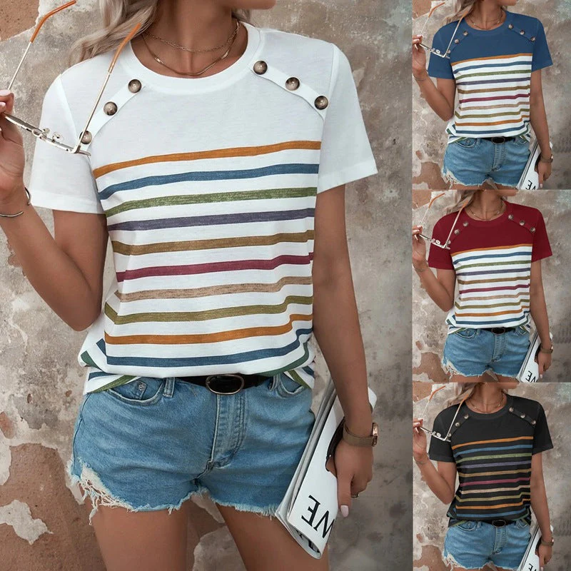 Damen Gestreiftes T-Shirt mit Modischen Knopfdetails und Rundhalsausschnitt Heidi-Mode - Image 3