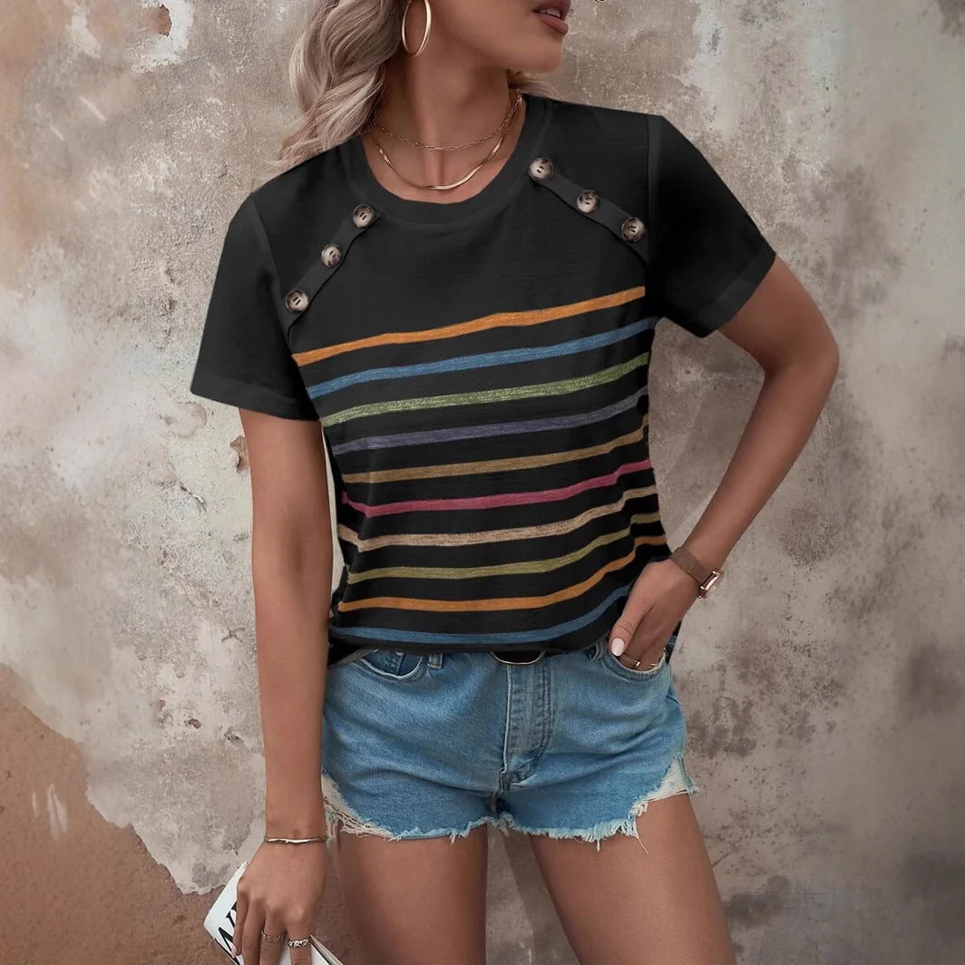 Damen Gestreiftes T-Shirt mit Modischen Knopfdetails und Rundhalsausschnitt Heidi-Mode - Image 5