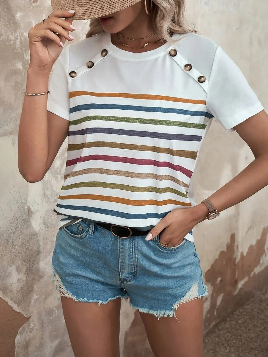 Damen Gestreiftes T-Shirt mit Modischen Knopfdetails und Rundhalsausschnitt Heidi-Mode - Image 7
