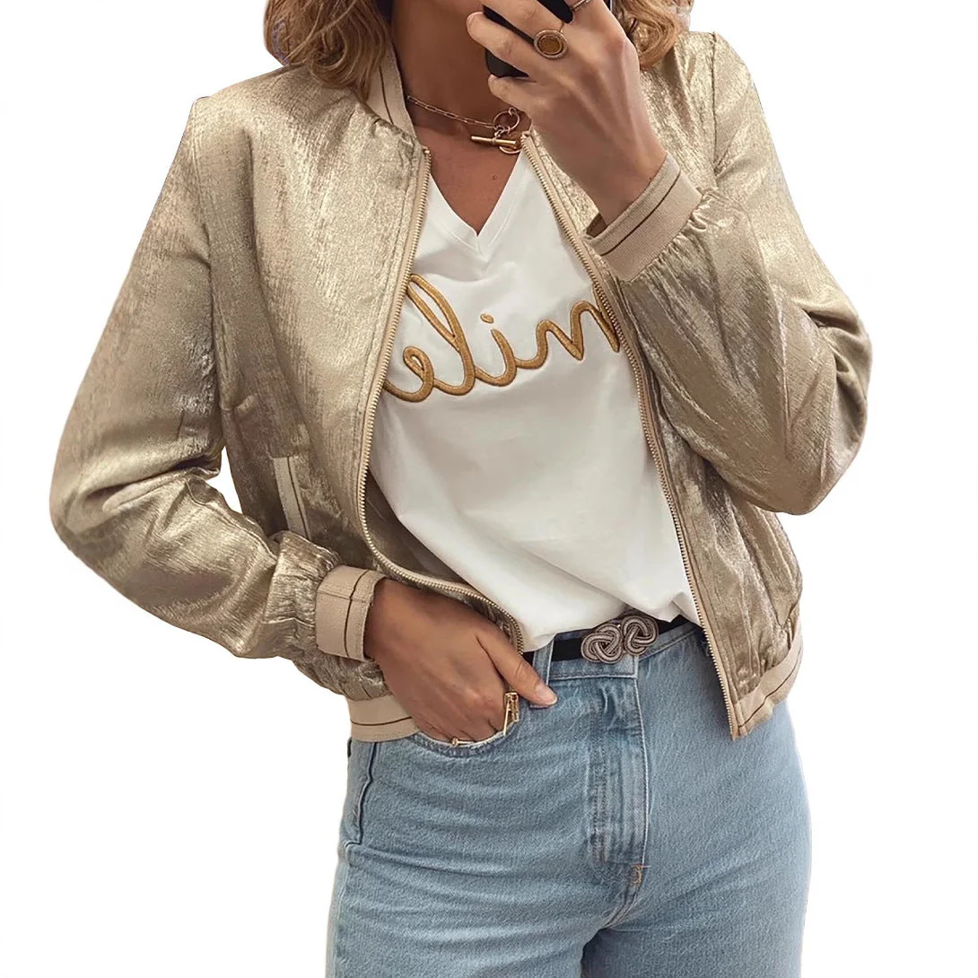 Damen Glänzende Bomberjacke mit Trendigen Rippdetails und Praktischen Taschen Heidi-Mode - Image 5