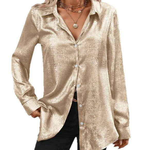 Damen Glanzvolle Bluse mit Elegantem V-Ausschnitt und Feinem Knopfdetail Heidi-Mode - Image 3