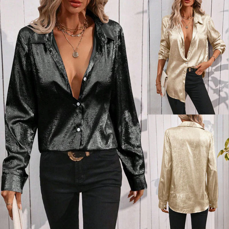 Damen Glanzvolle Bluse mit Elegantem V-Ausschnitt und Feinem Knopfdetail Heidi-Mode - Image 7