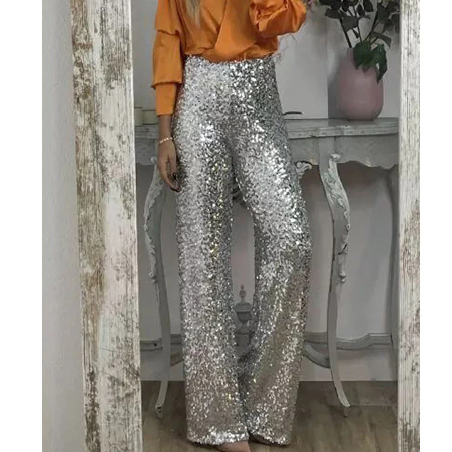 Damen Glitzernde Palazzohose mit Hohem Bund und Weitem Bein Heidi-Mode - Image 3