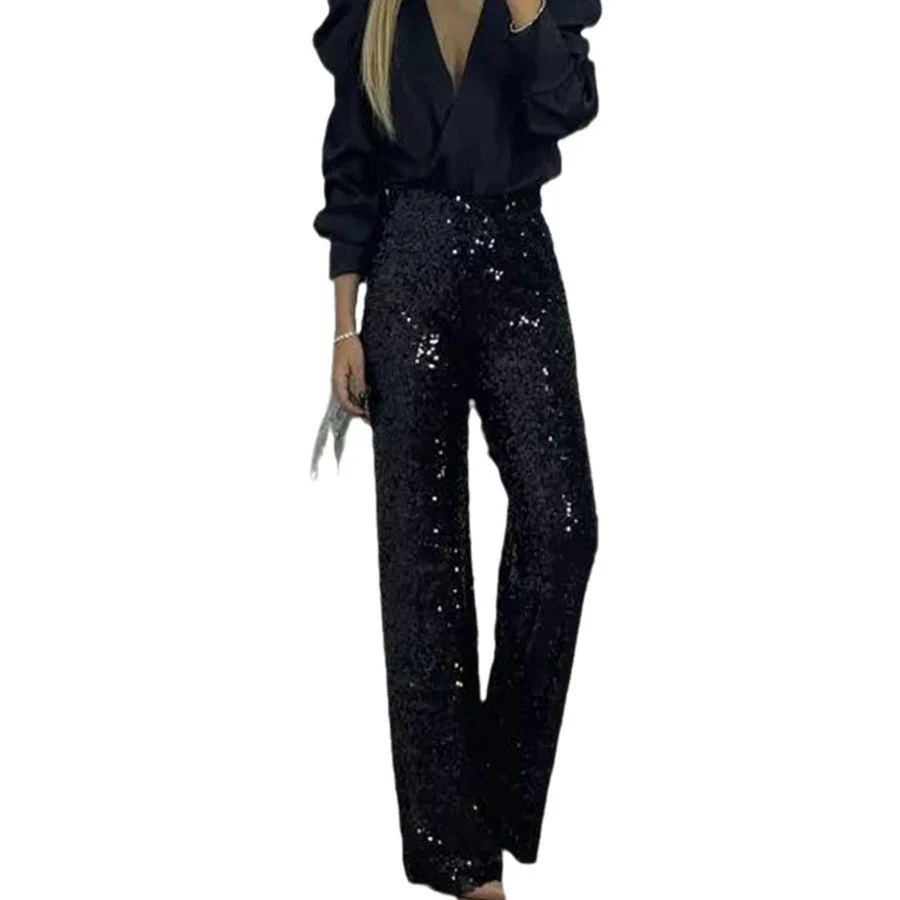 Damen Glitzernde Palazzohose mit Hohem Bund und Weitem Bein Heidi-Mode - Image 5