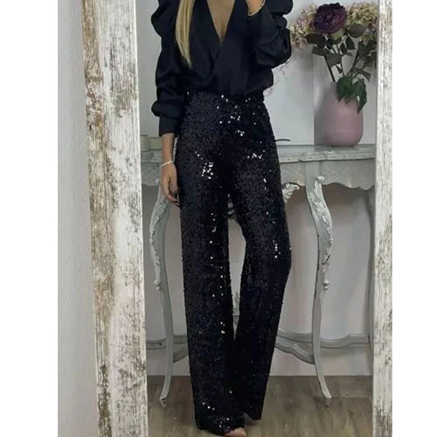 Damen Glitzernde Palazzohose mit Hohem Bund und Weitem Bein Heidi-Mode - Image 6