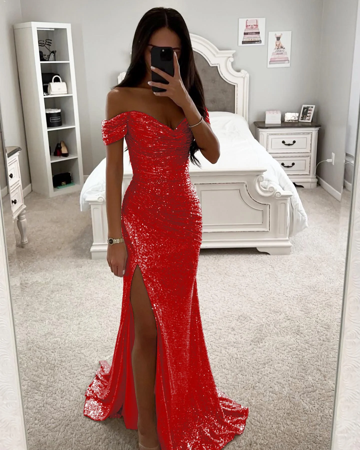 Damen Glitzerndes Abendkleid mit Schulterfreiem Design und Hohem Schlitz Heidi-Mode - Image 10