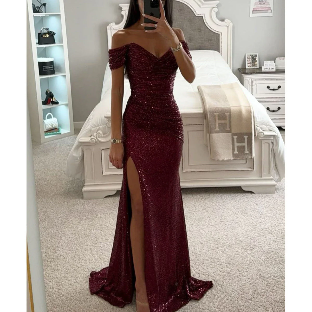 Damen Glitzerndes Abendkleid mit Schulterfreiem Design und Hohem Schlitz Heidi-Mode - Image 2
