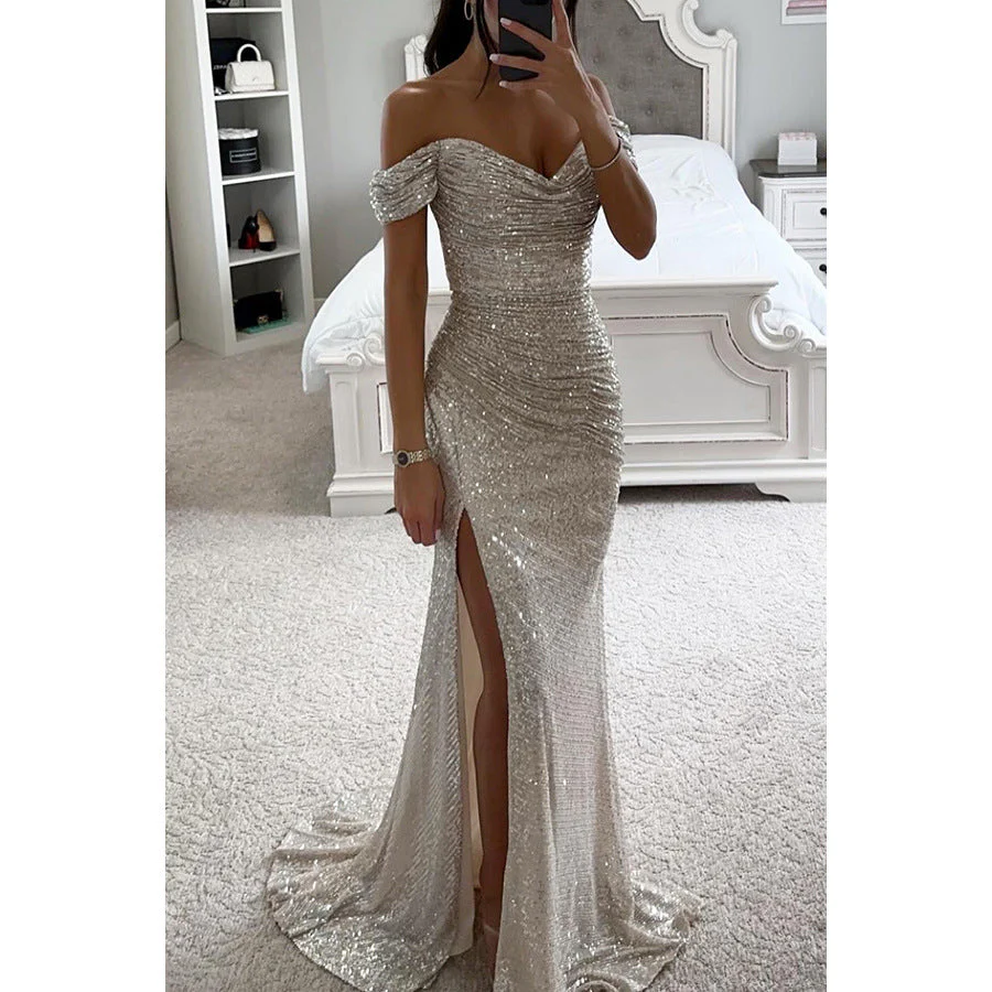 Damen Glitzerndes Abendkleid mit Schulterfreiem Design und Hohem Schlitz Heidi-Mode - Image 3