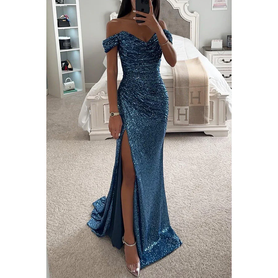 Damen Glitzerndes Abendkleid mit Schulterfreiem Design und Hohem Schlitz Heidi-Mode - Image 4