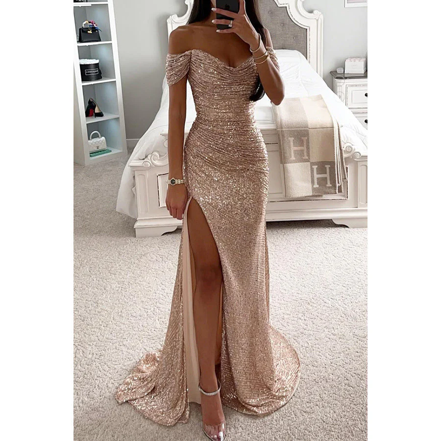 Damen Glitzerndes Abendkleid mit Schulterfreiem Design und Hohem Schlitz Heidi-Mode - Image 6