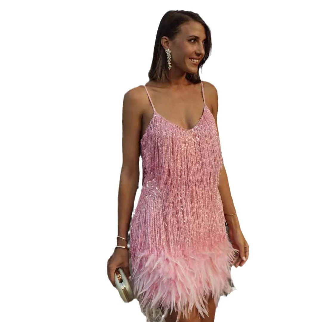 Damen Glitzerndes Kurzkleid mit Federn und Funkelnden Pailletten Heidi-Mode - Image 5