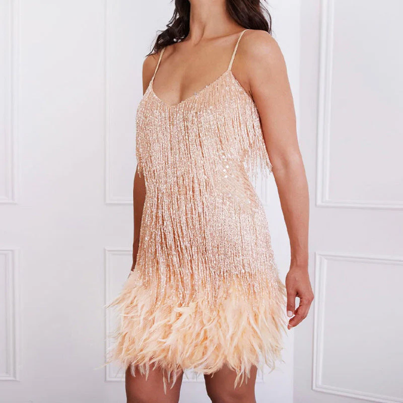 Damen Glitzerndes Kurzkleid mit Federn und Funkelnden Pailletten Heidi-Mode - Image 9
