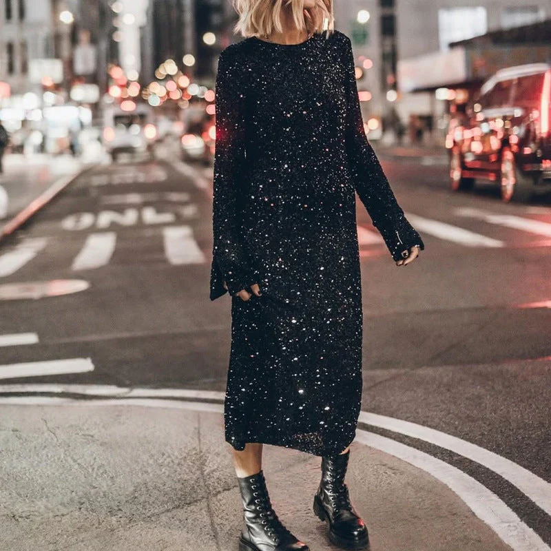 Damen Glitzerndes Midikleid mit Elegantem Rundhalsausschnitt und Figurschmeichelndem Schnitt Heidi-Mode - Image 2