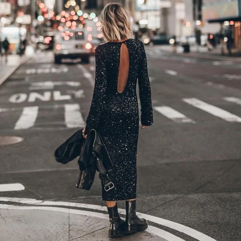 Damen Glitzerndes Midikleid mit Elegantem Rundhalsausschnitt und Figurschmeichelndem Schnitt Heidi-Mode - Image 3